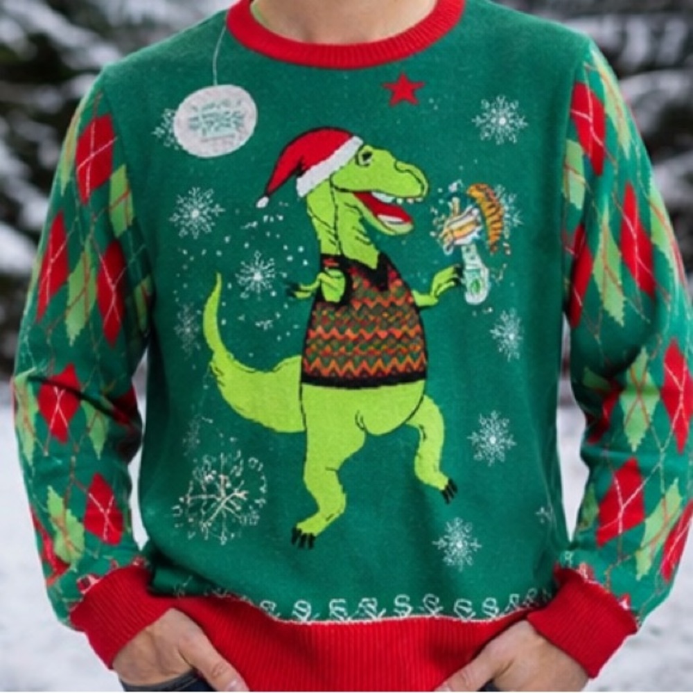 Jolly Sweaters L/G Ugly Christmas‎ Sweater Dinosaur T-Rex Argyle Holiday Party